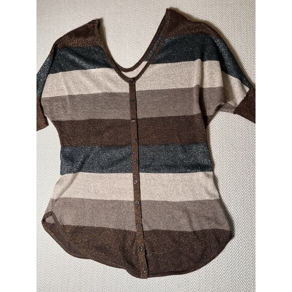 Express Women’s Medium Metallic Stripe Knit Top Scoop Neck Button Back Glitter - Picture 10 of 10